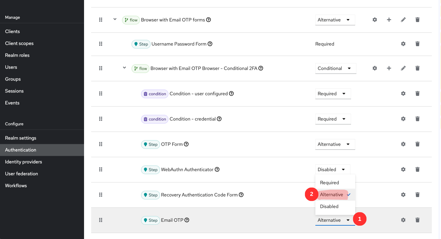 Setting the requirement on the Email OTP row