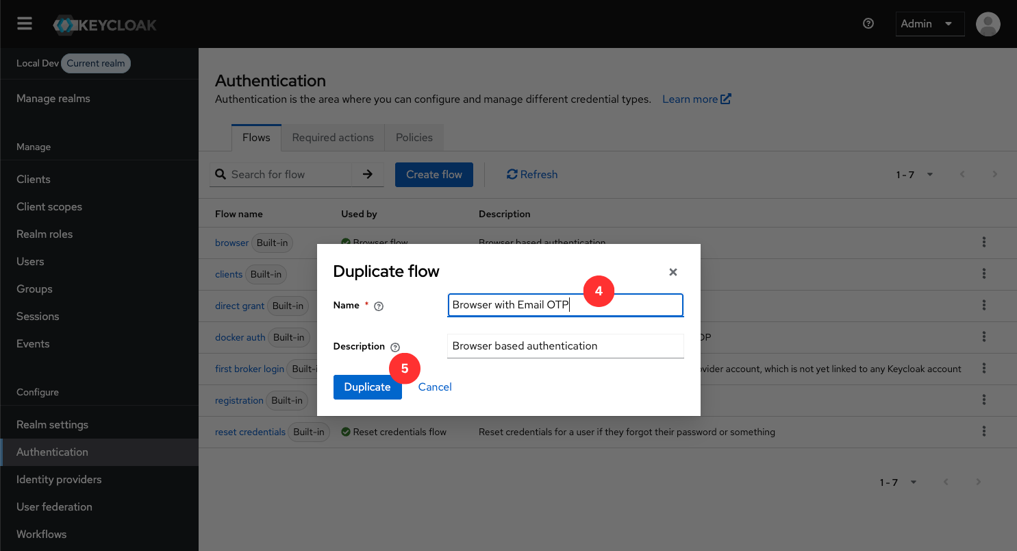 Keycloak Authentication Flows list — name the copy of Browser flow